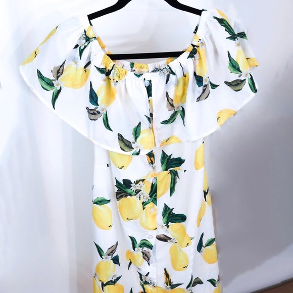 Lemon Print Off-The-Shoulder Ruffle Summer Dress